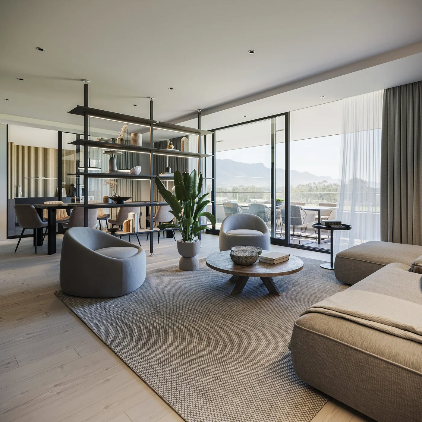 Render del living y terraza del proyecto Quitrahue